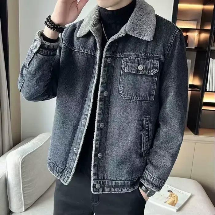 Blouson en jean pour homme – Nouvelle collection automne-hiver – Col en fausse fourrure épaissi – Style coréen décontracté – Coupe ajustée polyvalente – Offre spéciale de la saison