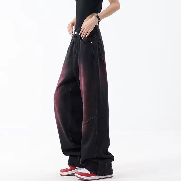 Jean rétro américain délavé coupe droite à jambe large pour femme – Nouvelle collection printemps-été