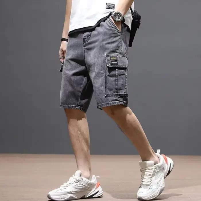 Homme Denim Shorts Noir Gris Cargo Short Jeans Pantalon pour Hommes avec Poches Boutons Populaires Vintage Tendance 2025 Confortable Mince