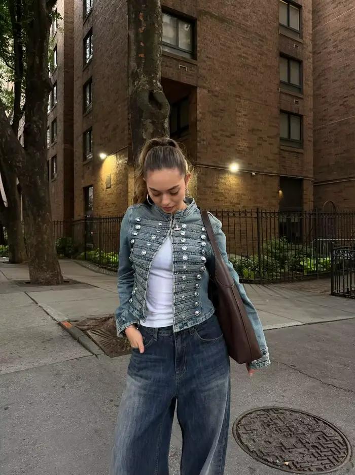 Suninbox Veste en jean vintage à manches longues pour femme avec boutons sur le devant