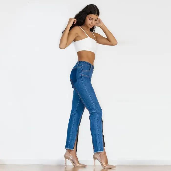 Shascullfites Jean droit slim pour femme avec plusieurs fermetures éclair