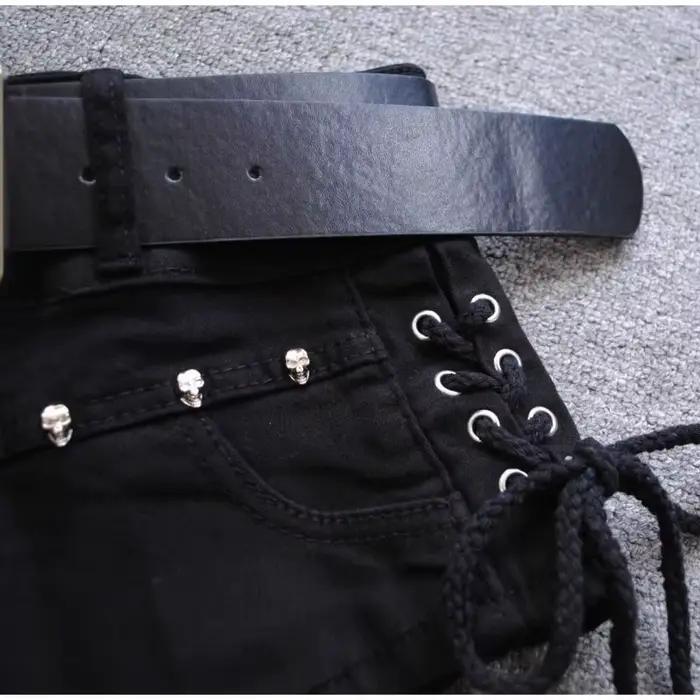 Short en jean coréen taille basse 2024 - Riveté à lacets moulant noir pantalon chaud Vintage effronté butin été TikTok Y2K tenue