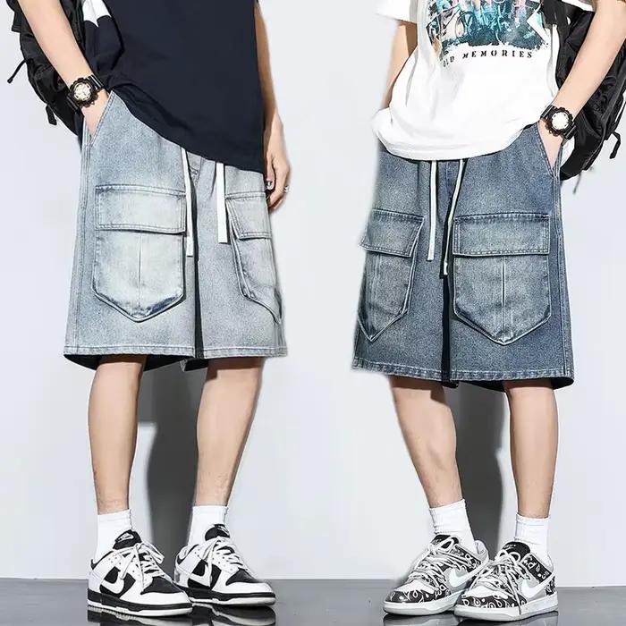 Bermuda hommes Denim Shorts été nouvelle mode jean ample décontracté Vintage cordon Cargo pantalon court mâle Streetwear