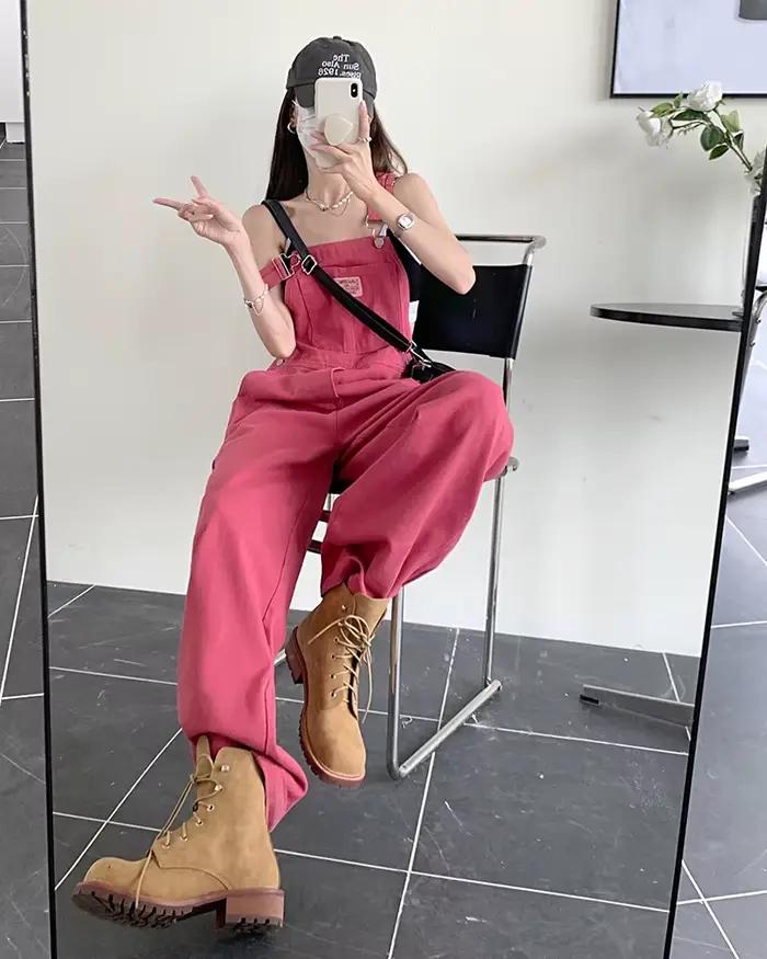 Jeans femmes 2025 été Style lâche filles rose pantalon à jambes larges combinaison coréenne décontracté denim salopette