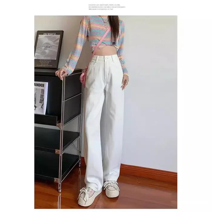 Jean blanc taille haute à jambe large pour femme
