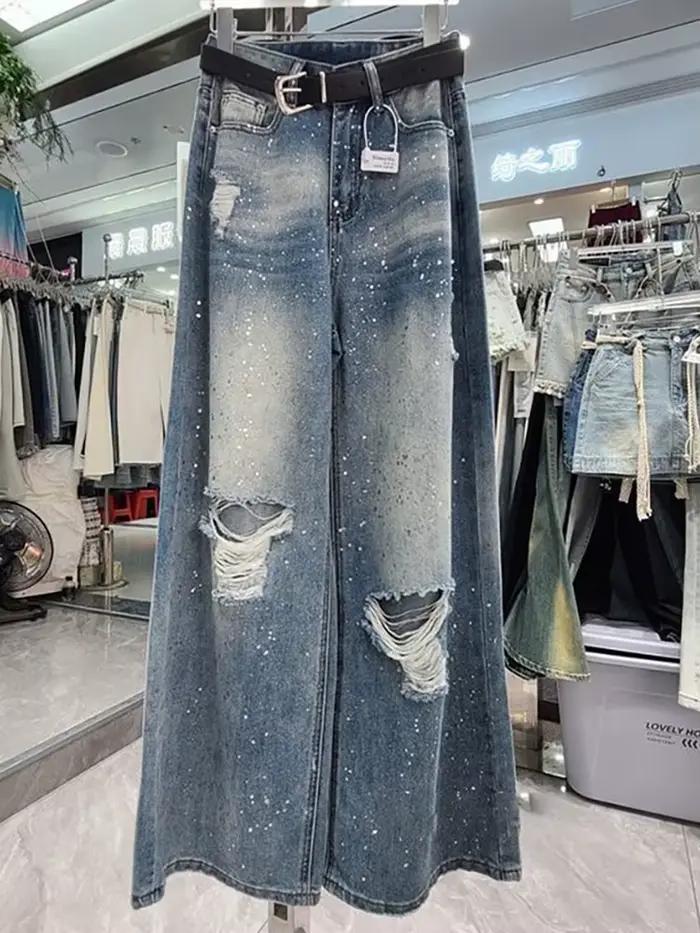 Jeans à trous cassés rétro américain pour femmes, taille haute, jambes larges, robustes et confortables pour diverses occasions