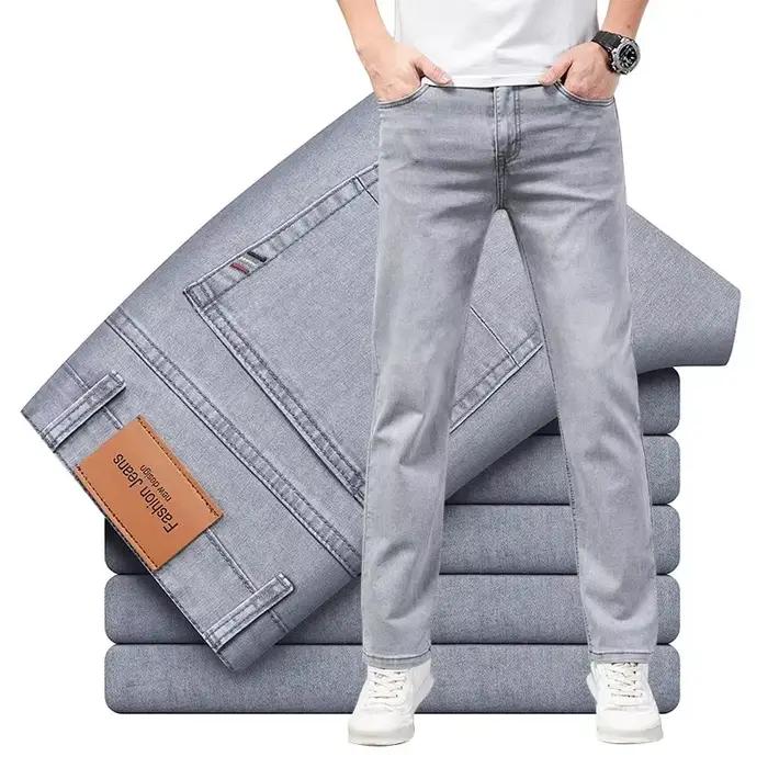 Été élastique hommes jean mode gris confortable affaires droite Stretch coton décontracté Denim pantalon marque mâle