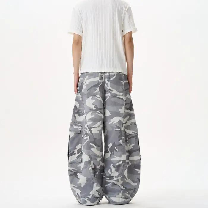 KISKO American High Street Washed Camouflage Wide Leg Knife Edge Jeans Straight Loose Trousers for Men And Women Trendy Brand