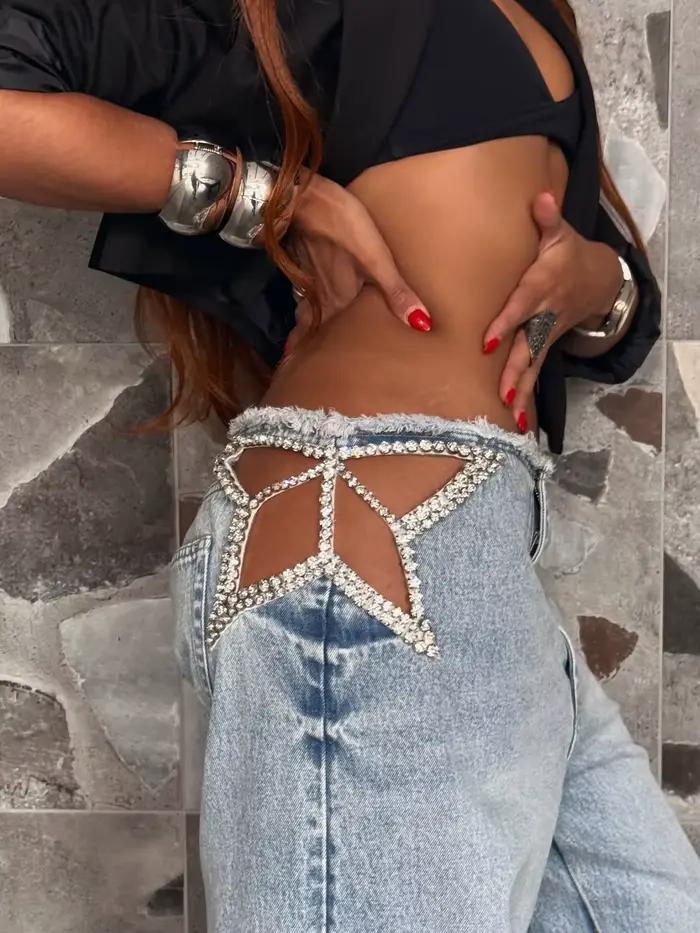 Jean pour femme Y2K à strass ajourés