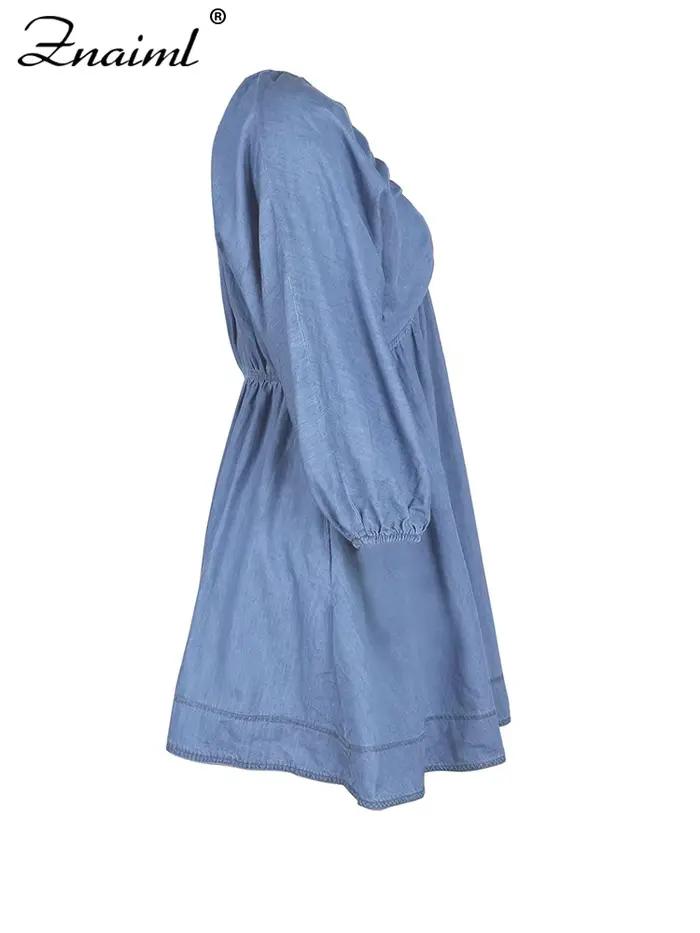 Robe en jean Znaiml bleu clair col en V manches bouffantes volants mini pour femmes style de rue printemps automne sortie décontractée plage vacances