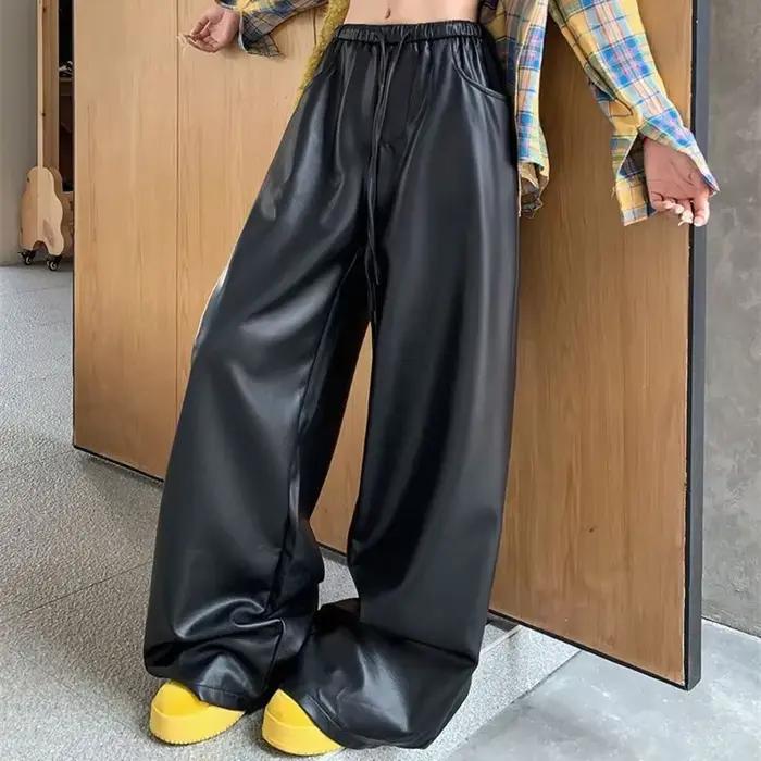 Pantalon décontracté en cuir PU noir pour femmes, ample et large, coupe amincissante, confortable et élégant, automne et hiver