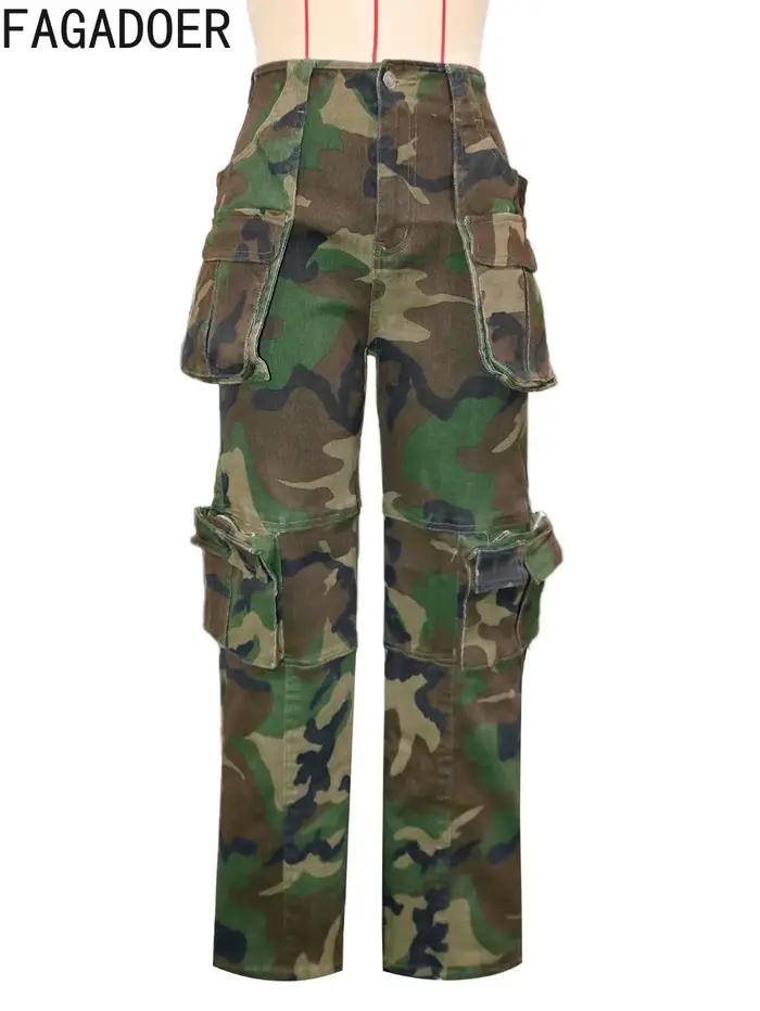 FAGADOER mode Camouflage Denim pantalon pour femme Cargo poche Patchwork