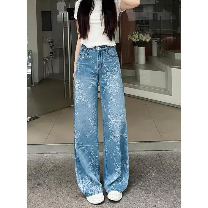 Pantalon ample pour femme en jean bleu ciel avec broderie et coupe décontractée pour toutes les occasions
