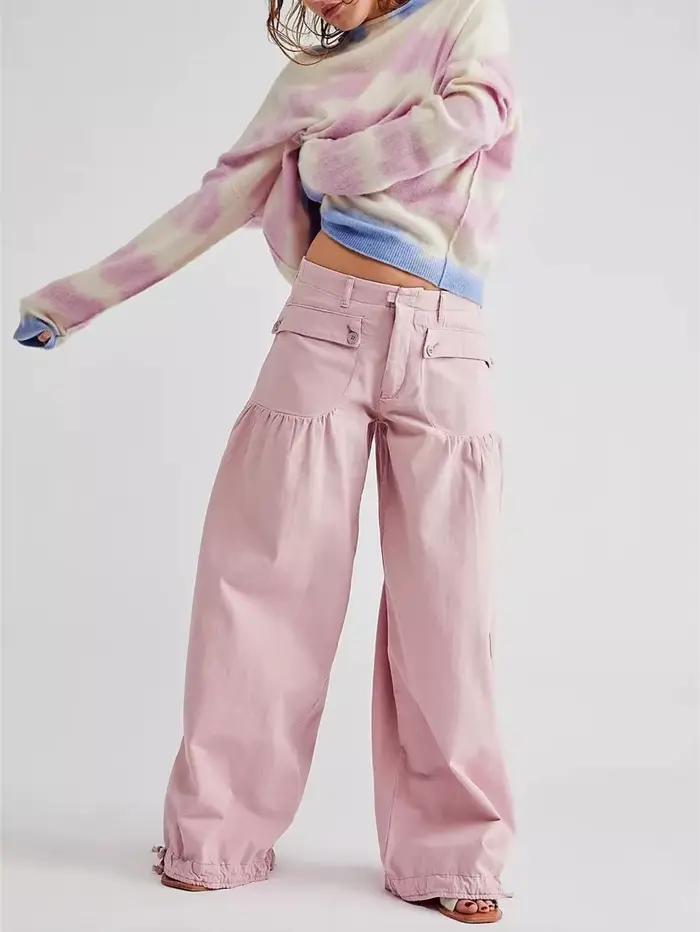 Jean plissé à poches larges en denim de coton pour femmes, style Boho, printemps et été, ample et décontracté