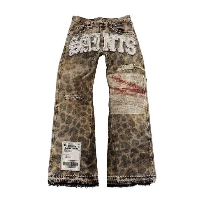 Streetwear Vintage Léopard Camouflage Jeans Y2K Hommes Femmes Hip Hop Lettre Patchwork Broderie Baggy