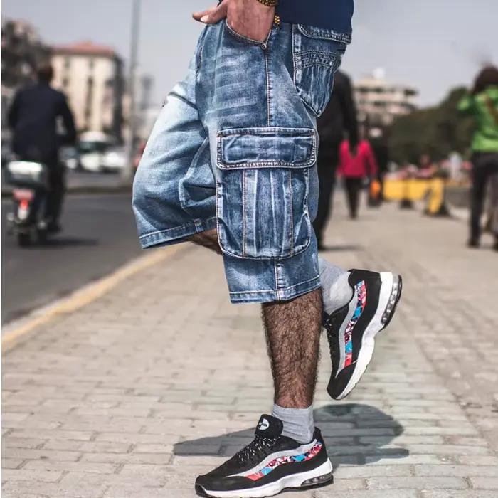 Shorts en jean bleu multi-poches pour hommes, streetwear, grande taille, ajustement large, été, nouveaux modèles hip-hop et harem jeans pour occasions quotidiennes