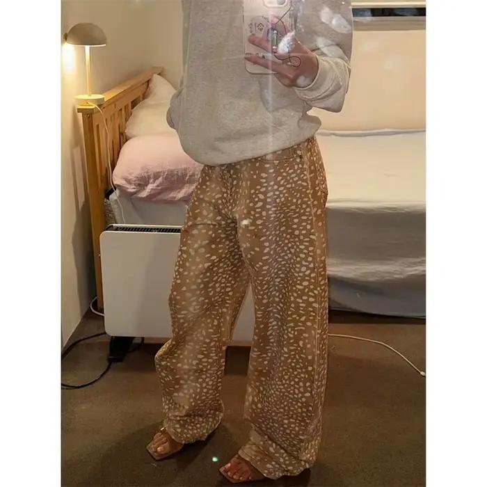 Jeans à pattes larges et courbes à imprimé cerf rétro américain Y2K pour la mode de rue féminine