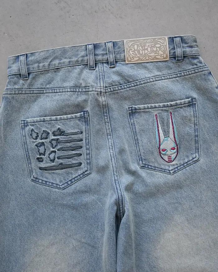 Jean ample taille haute Y2K rose pour femme avec broderie cœur latérale