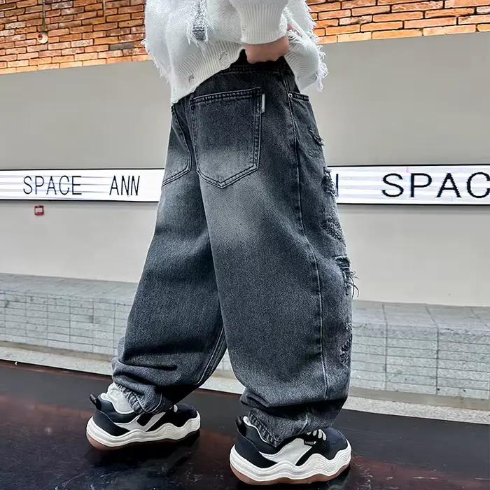 American Kids Vintage Jean Baggy délavé et en détresse pour adolescents High Street Pantalon en Denim déchiré décontracté pour enfants de 5 à 14 ans