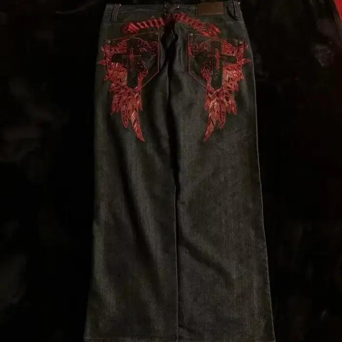 Jean taille haute homme gothique brodé noir rouge motif Y2K rétro rue pantalon décontracté ajusté haut large jambe four seasons shopping