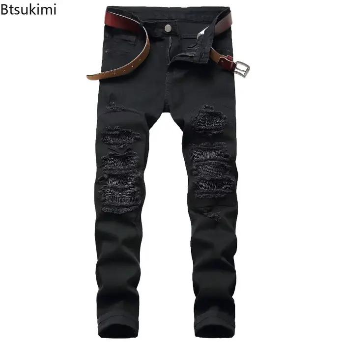 Nouveau Jean Slim Extensible pour Homme avec Trous Déchirés et Patchwork Pantalon en Denim Déchiré à Taille Élastique Coupe Droite Décontractée Tendance Streetwear Occasions Spéciales