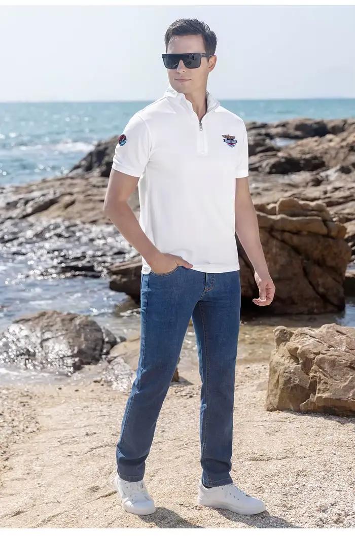 Nouveau été mince bleu hommes jean décontracté droit Stretch coton Denim Bruce & requin