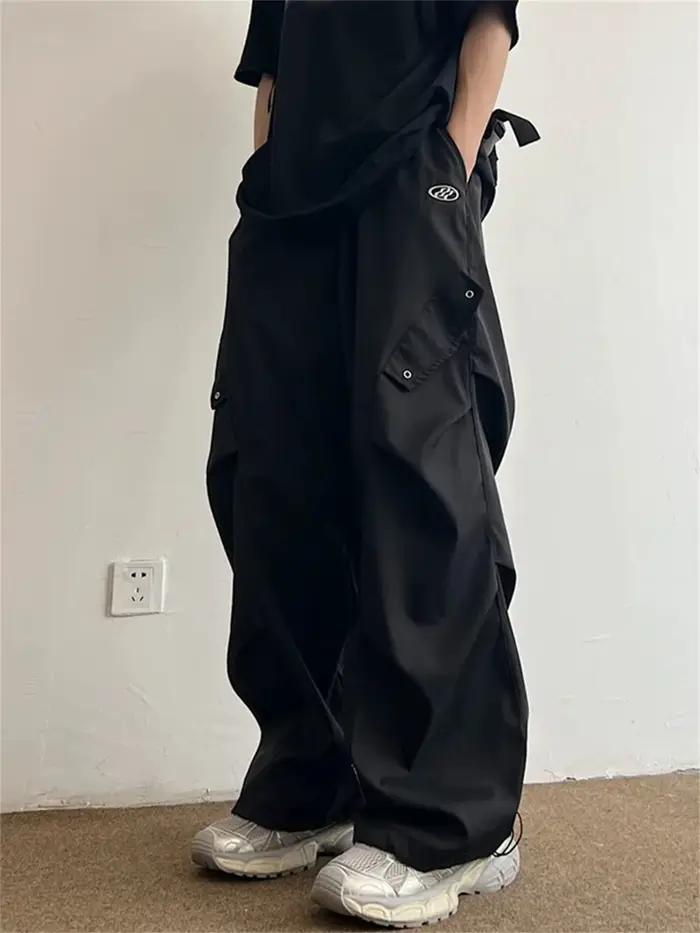 Pantalon cargo noir homme ample hip-hop coréen punk style safari plissé polyester drap fin printemps été
