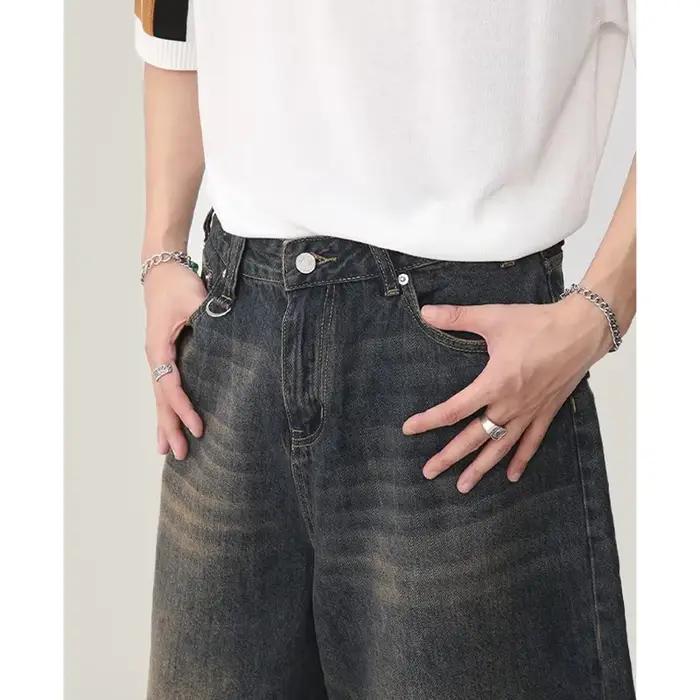 Été hommes Capri jean court homme mode rétro bleu Denim mi pantalon coréen décontracté Baggy droit jambe large mollet