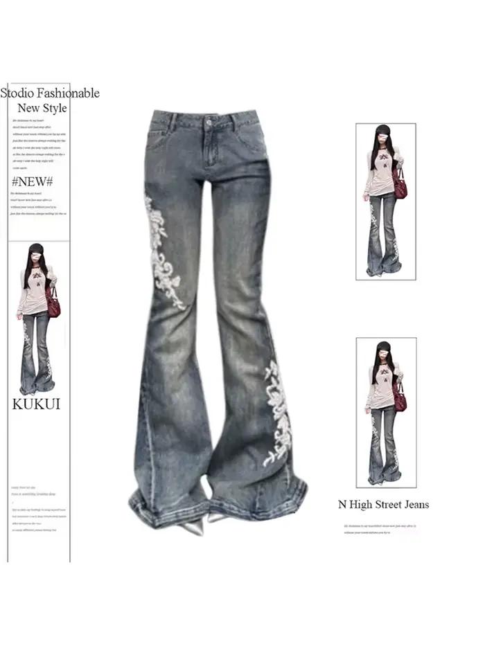 Pantalon évasé en denim brodé femme American Street Bell Jeans astronomiques Grunge japonais Abi taille basse Y2K Grunge des années 2000 Goblin Core