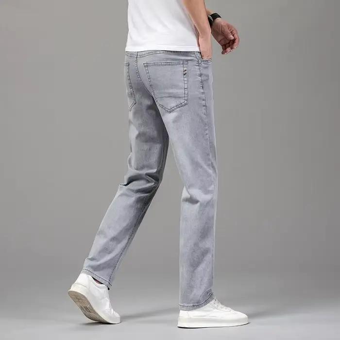Été élastique hommes jean mode gris confortable affaires droite Stretch coton décontracté Denim pantalon marque mâle