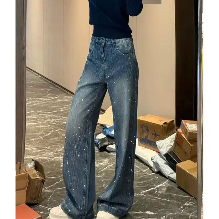 Femmes américaines décontracté jambe large jean automne hiver femme taille haute
