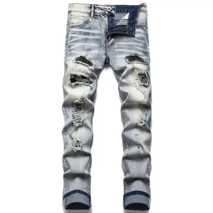 Punk Street Style déchiré jean moulant hommes Vintage lavage solide Denim pantalon