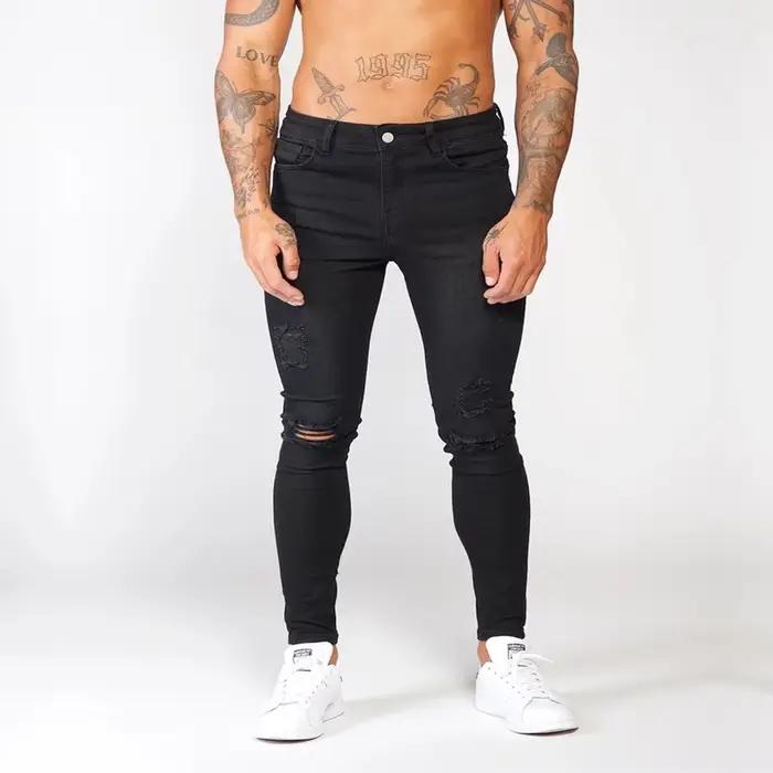 Jeans déchirés extensibles super skinny noirs pour hommes