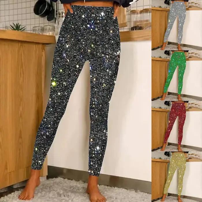 Pantalon Slim à Taille Haute Aux Sequins Pour Femmes Mode Sport Fit Yoga Course Pied Entretien Facile Occasions Spéciales