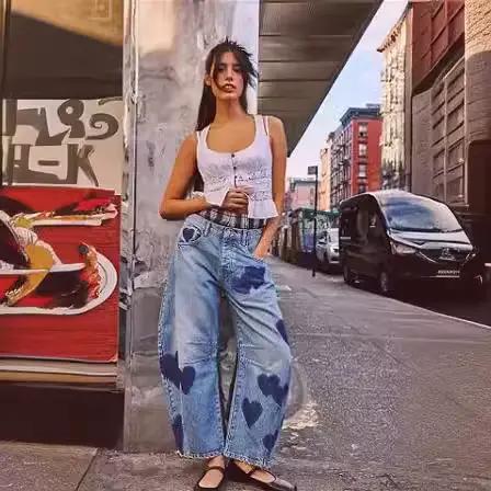 Boho plage bleu coton Denim jean pour femmes pantalon décontracté ample taille moyenne Tube en forme