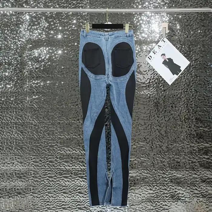 DEAT 2026 Nouvelle Collection Automne – Jean Femme Patchwork Contraste de Couleurs, Taille Haute Extensible, Fendu, Long – 1DF2575