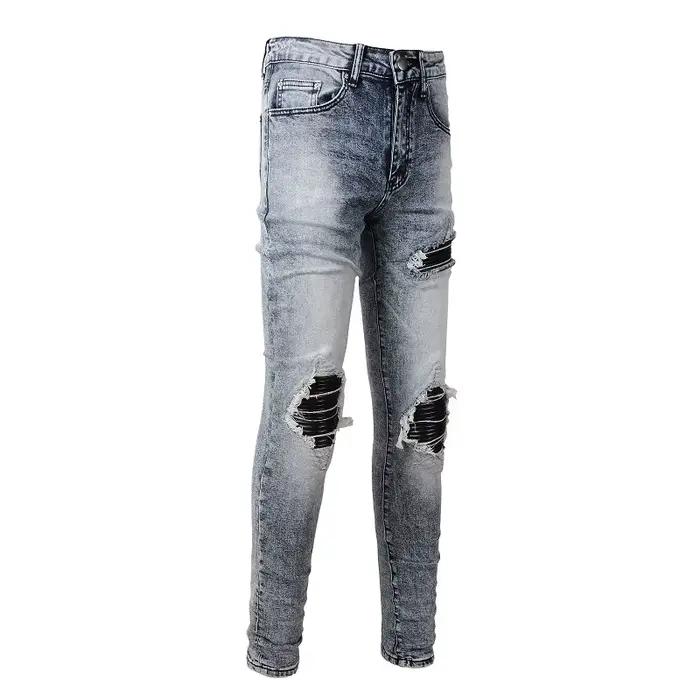 Jean homme Vintage trous pantalon Rivet Patch mince maigre déchiré