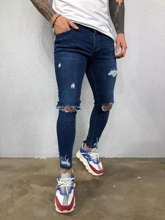 Mode rue Style genou déchiré jean moulant hommes Vintage lavage solide Denim pantalon