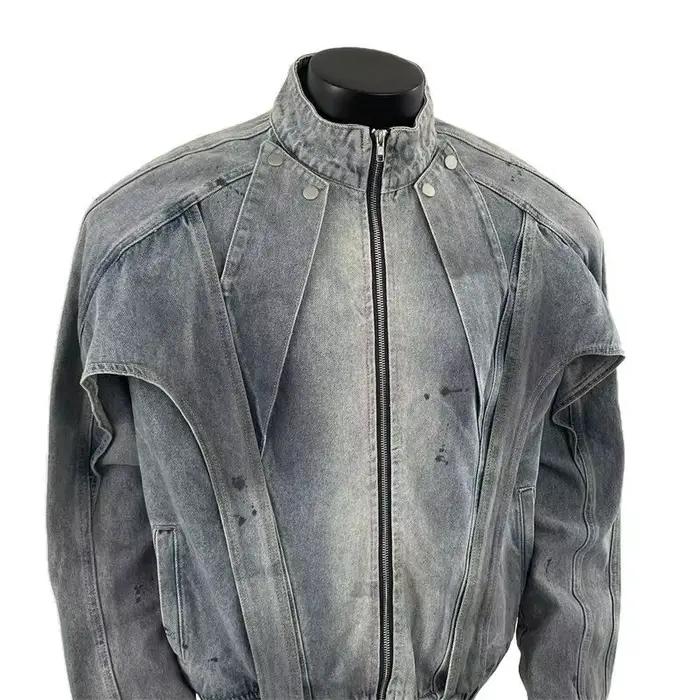 Veste en jean sale en détresse pour hommes, manteau à col montant déconstruit, ambiance américaine, vêtements de travail amples, mode de rue, printemps automne