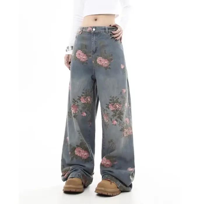 Jean Baggy à fleurs bleues pour femmes Y2K
