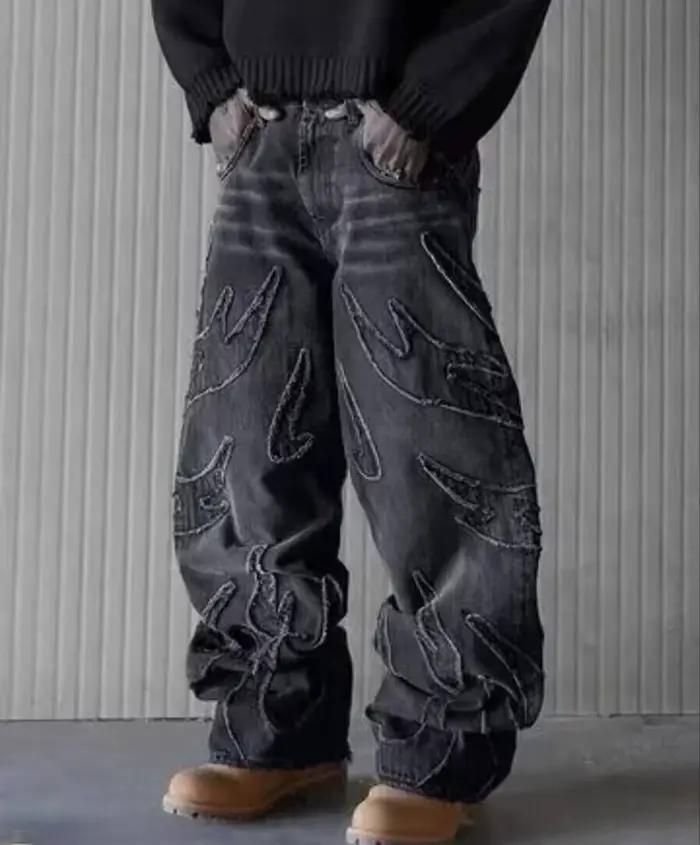Jean ample Vintage Harajuku brodé de chauve-souris Hommes Style Streetwear Pantalon droit Mode Printemps Automne Denim Délavé Paresseux Occasions Spéciales