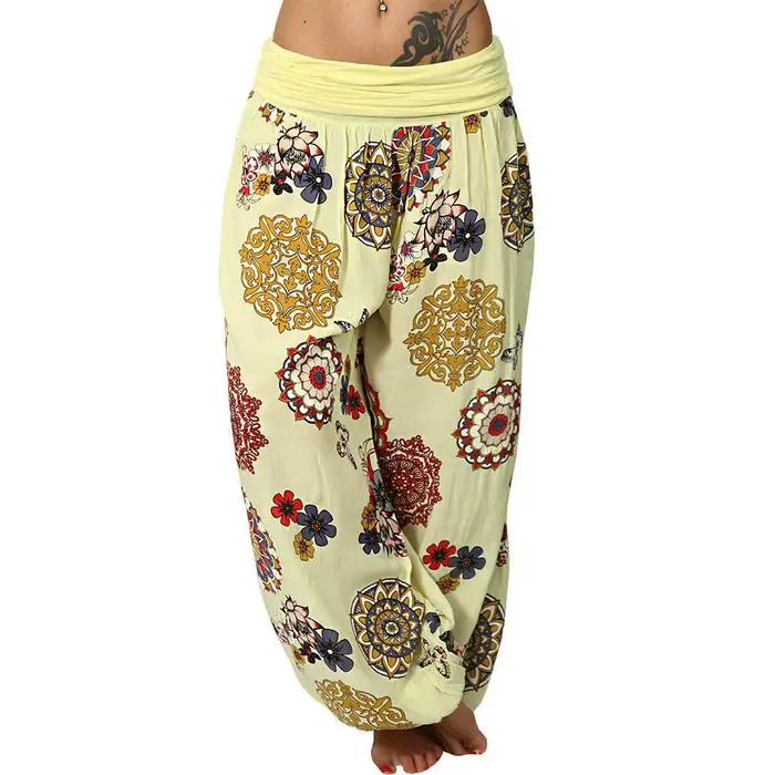 Été femmes mode imprimé fleuri longues pantalons à jambes larges taille élastique Haren pantalon pantalons décontractés Haren pantalon