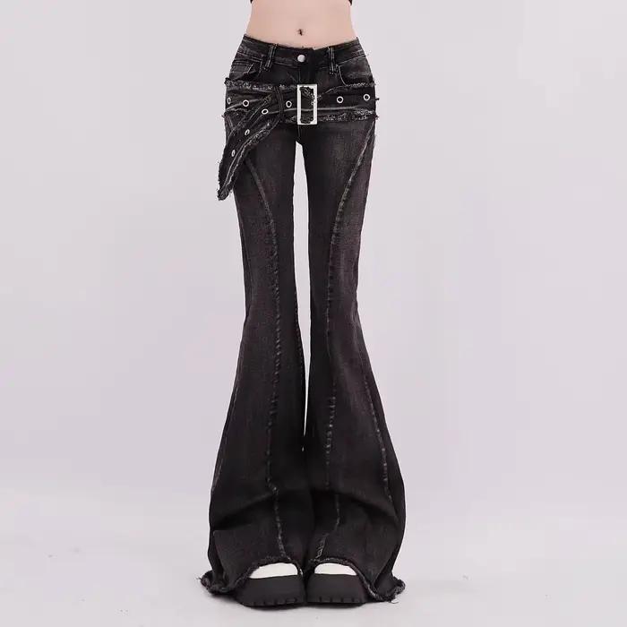 Jeans Vintage Slim Micro-évasés Femme Pantalon Y2K Taille Haute Décoré Boutons Occasions Spéciales
