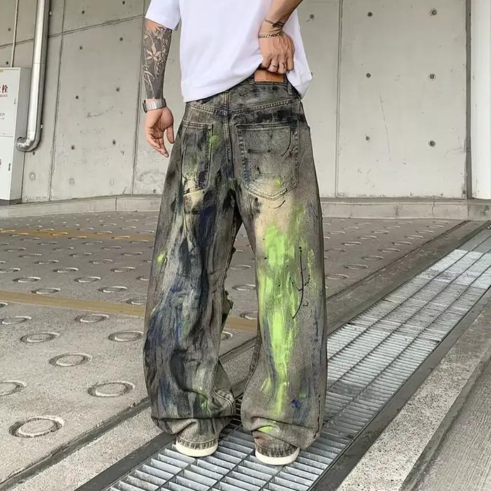 PFHQ 2026 Printemps Nouveau Jean déchiré tendance pour homme Coupe droite ample Lavé Décoration imprimée graffiti Mode Pantalon en denim 21P2102
