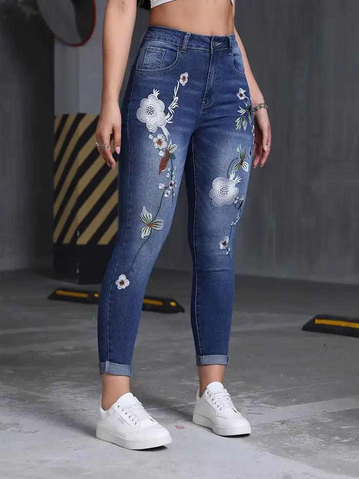 Surdimensionné printemps été automne décontracté ample jean vintage broderie florale