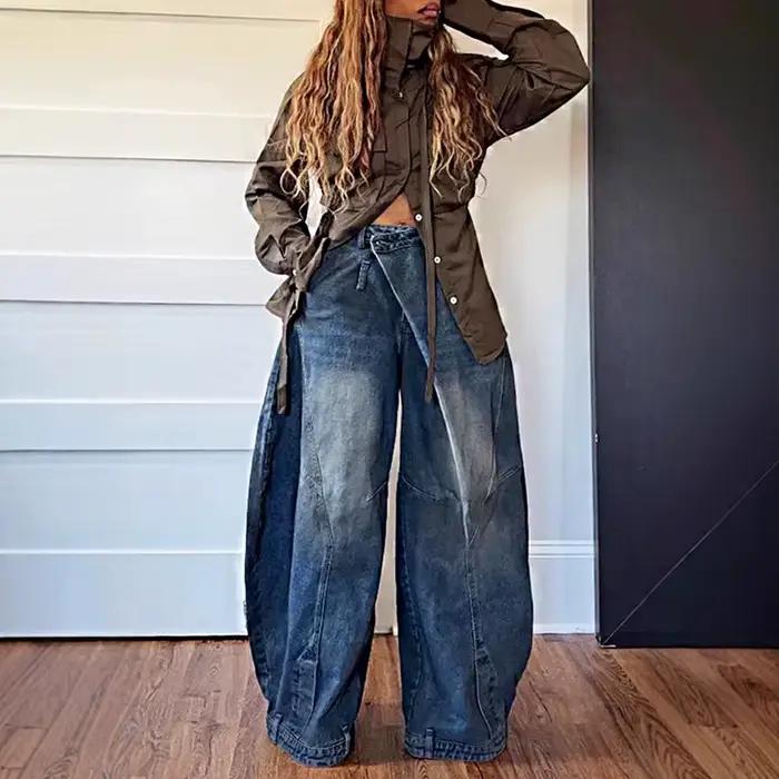 Nouveau jean décontracté rétro délavé à taille inversée pour femme