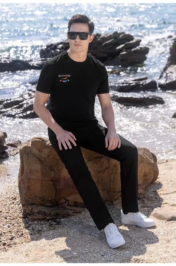 Nouveau Jean Bruce & Shark Noir Mince Été Hommes Décontracté Élégant Avec Broderie Pour Occasions Quotidiennes