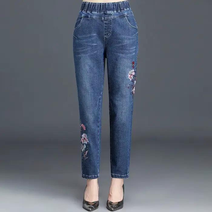 Jean brodé taille haute élastique pour Femme