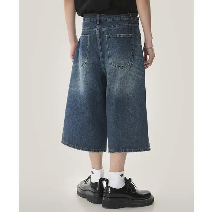 Été hommes Capri jean court homme mode rétro bleu Denim mi pantalon coréen décontracté Baggy droit jambe large mollet