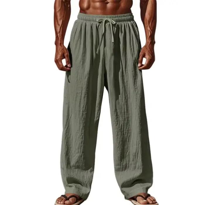 2025 nouveaux hommes coton et lin pantalons décontractés Simple et confortable jambe droite pantalon taille cordon